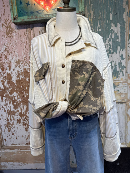 POL Camo Patchwork Waffle Knit Top