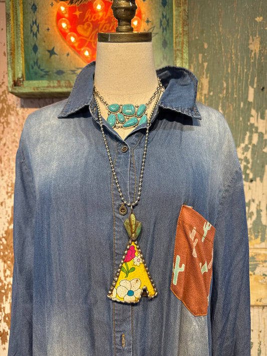 Vintage Tin Teepee Necklace with Turquoise Stones