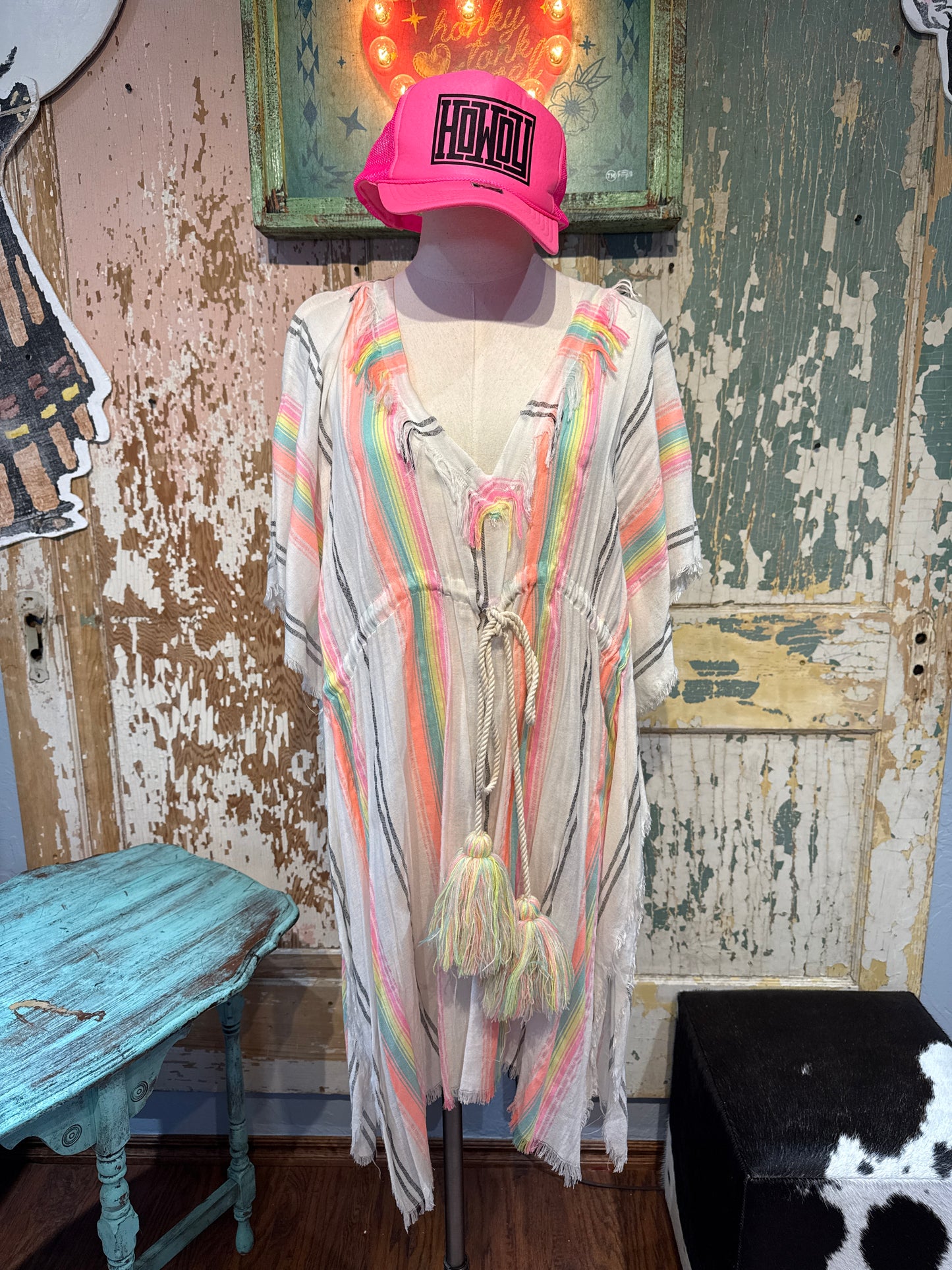 Neon Striped Swim Coverup with Large Tassels