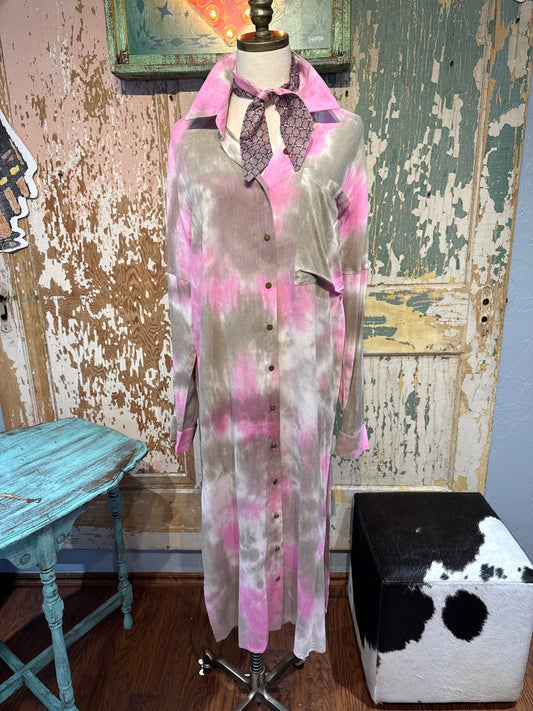 Pink and Gray Tye-Dye Duster Dress