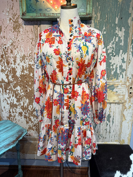 White Floral Button Down Dress with Belt