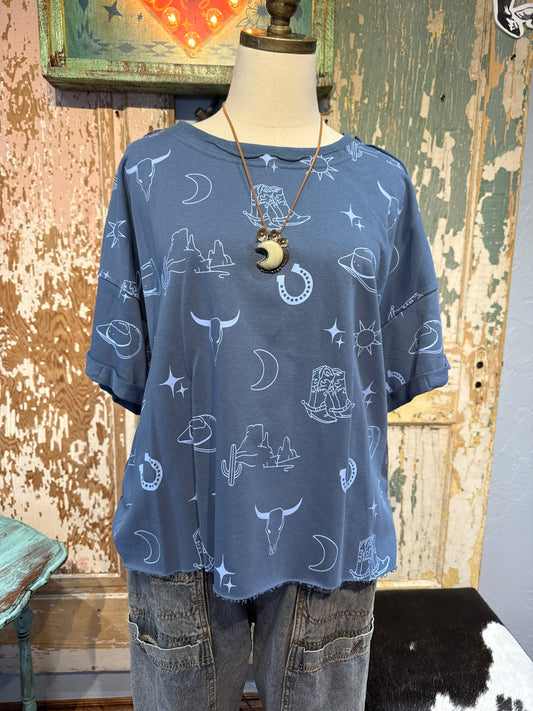 Blue Western Sweat Short Sleeve Top