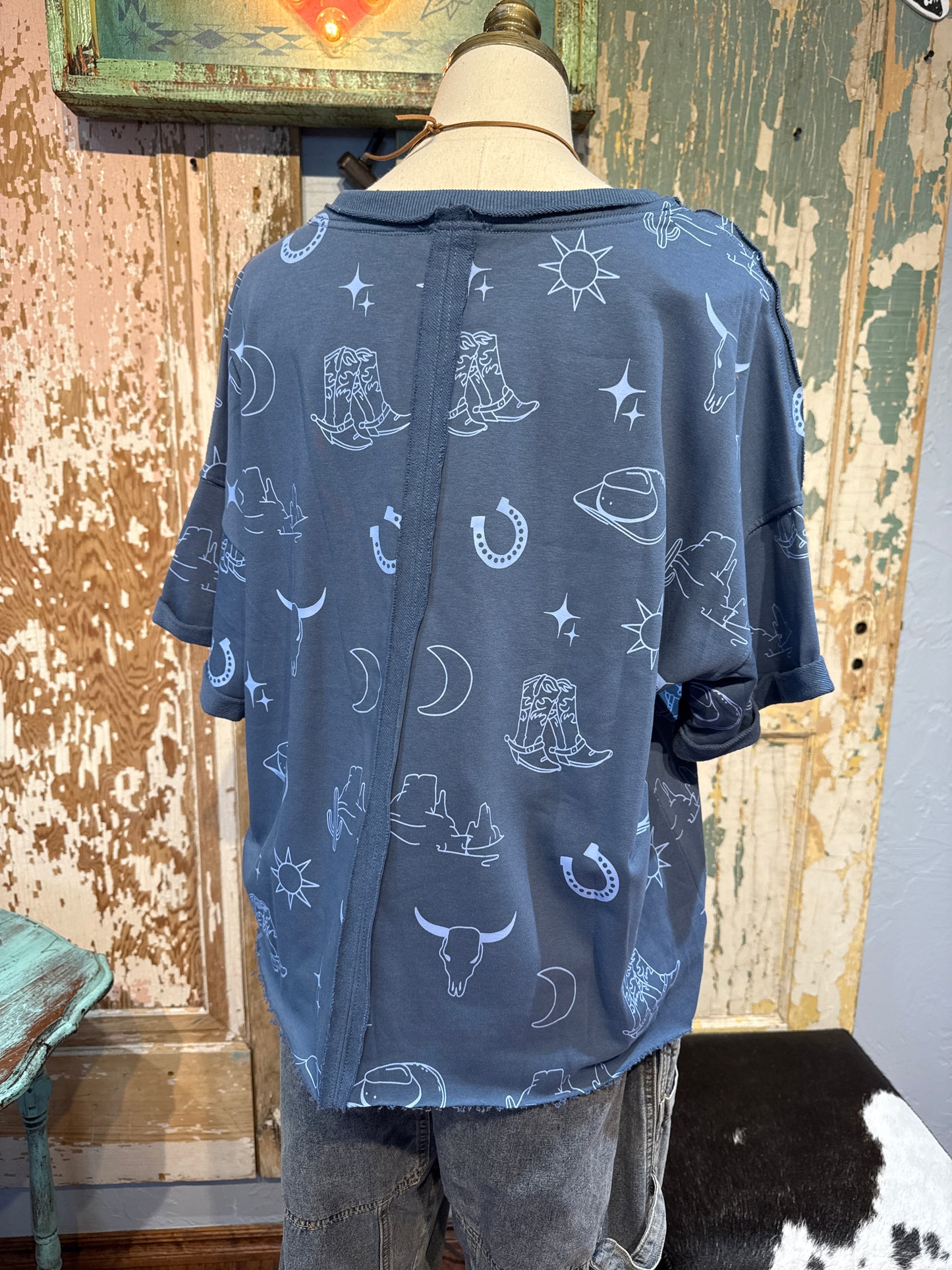 Blue Western Sweat Short Sleeve Top