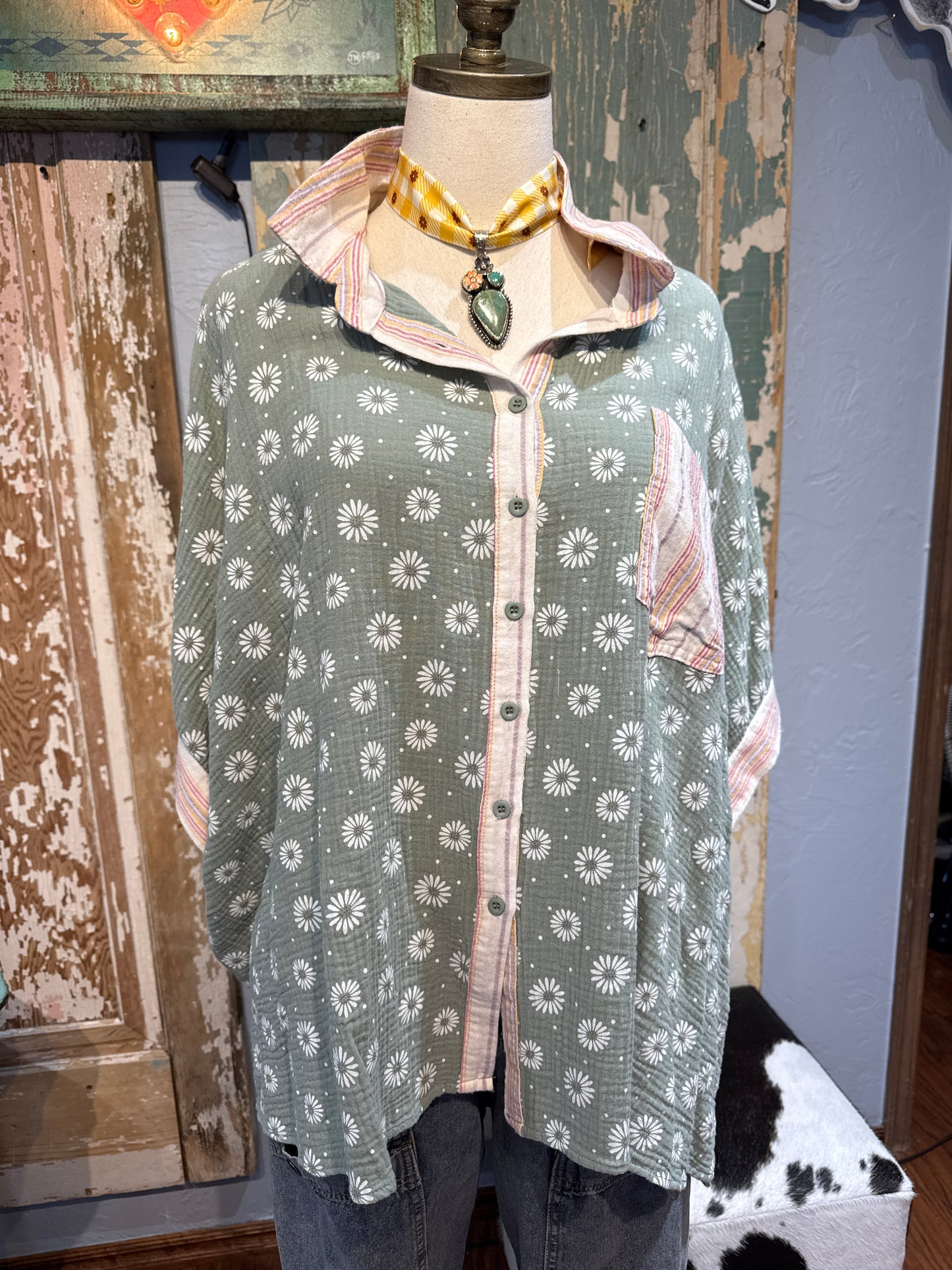 Sage Green Floral Button Down Top
