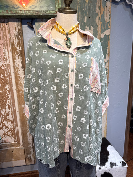 Sage Green Floral Button Down Top