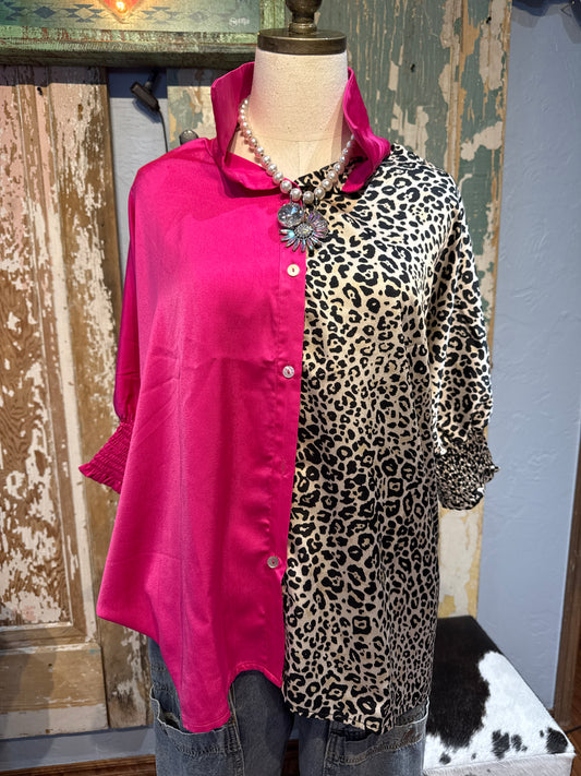 Pink Animal Print Button Down Top