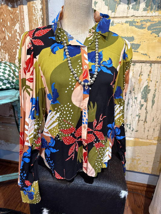 Floral Blouse Long Smocked Sleeve
