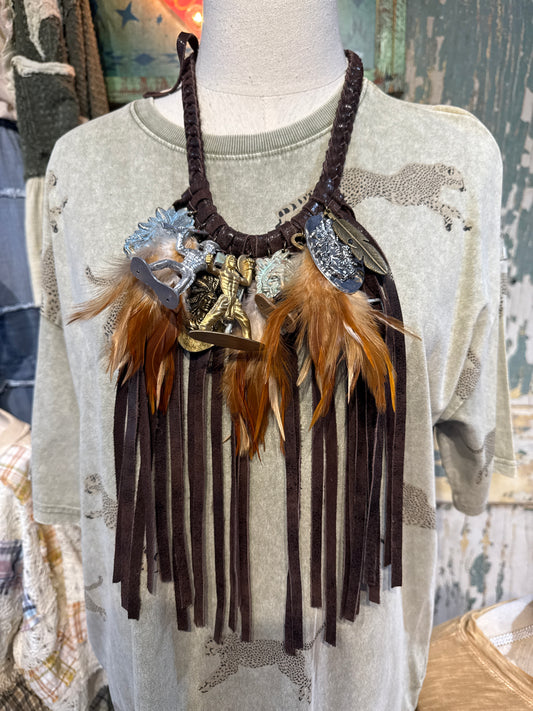 Chief and Cowboy Pendants on Leather with Bird Feathers Necklace