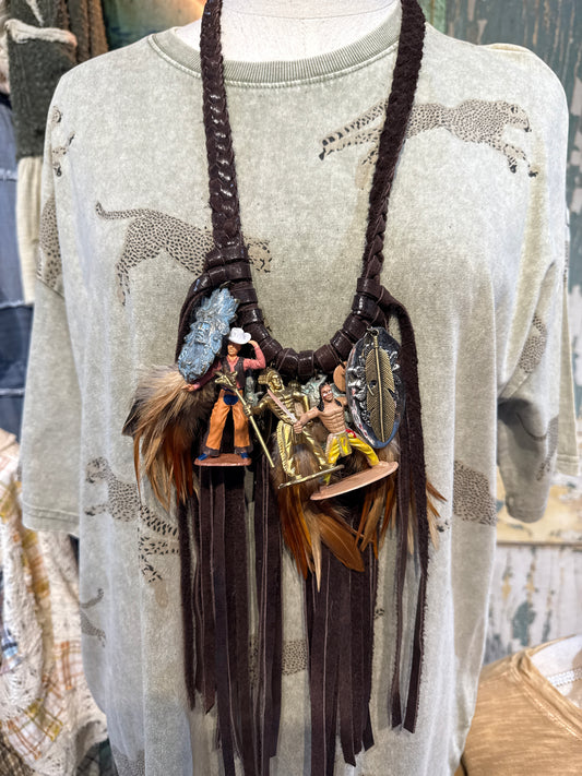 Chief and Cowboy Pendants on Leather with Bird Feathers Necklace