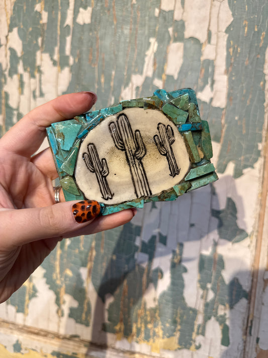 Kingman Turquoise Cactus Hand Carved Moose Antler Shed Belt Buckle