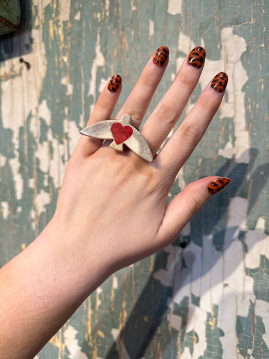 Dove Hand Carved Moose Antler Shed with Coral Inlay Ring or Wild Rag Slider