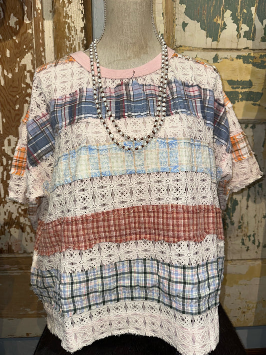Oli & Hali Plaid and Lace Top Pink