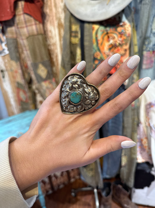 Tibetan Silver Heart with Turquoise Ring