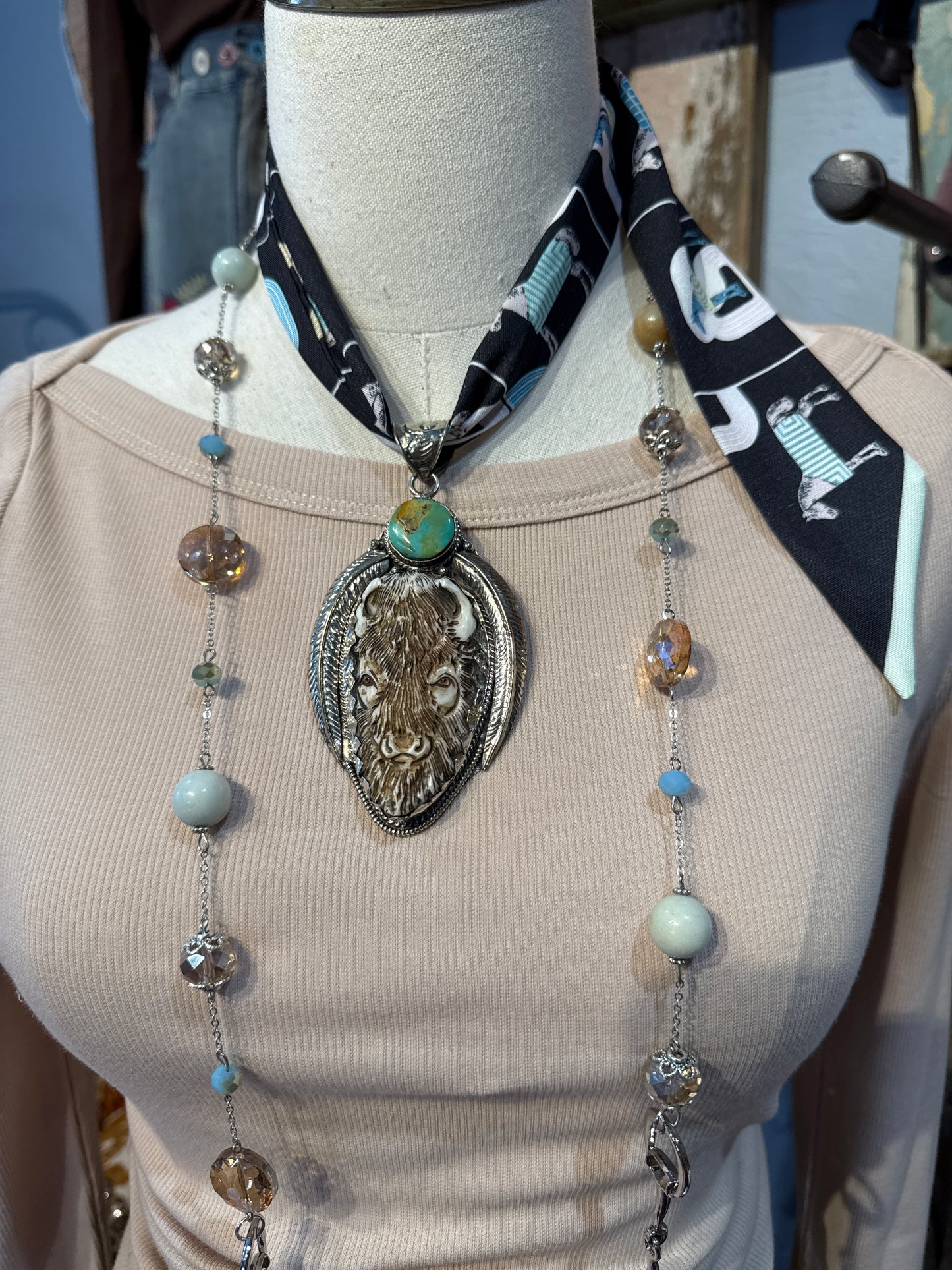 Tibetan Bone & Turquoise Buffalo Pendant