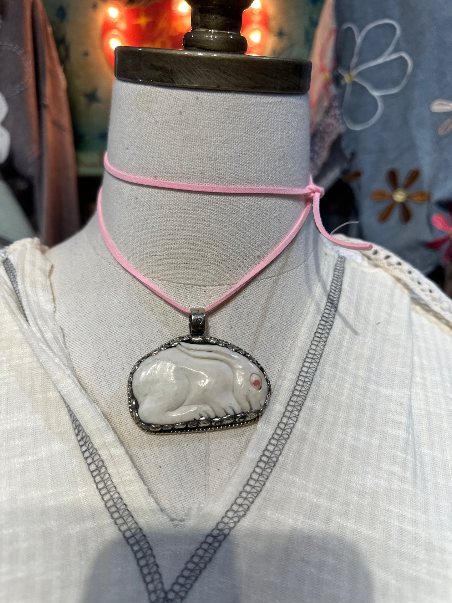 Tibetan Bone Bunny w Pink Eyes Pendant