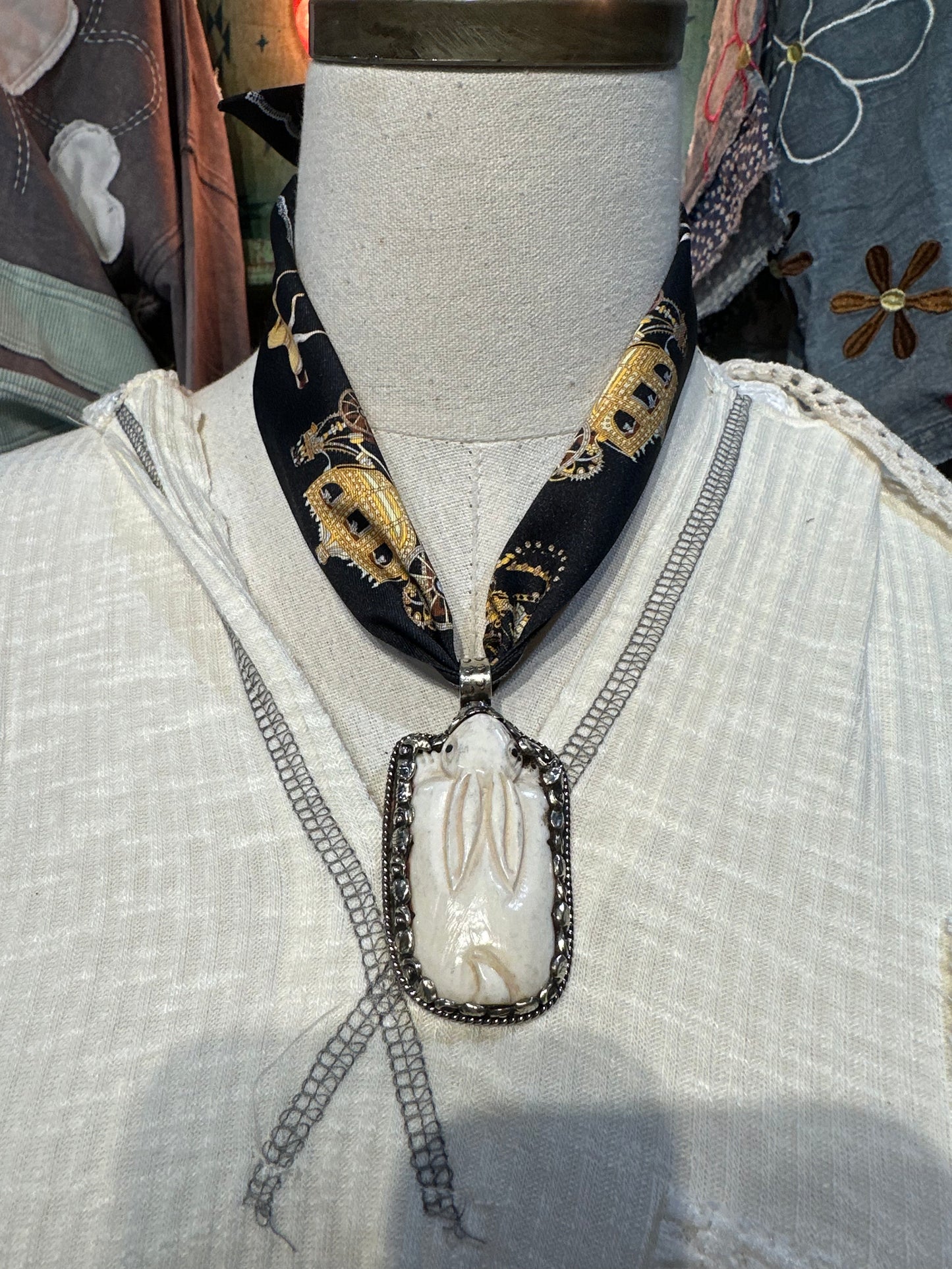 Tibetan Bone Bunny w Black Eyes Pendant