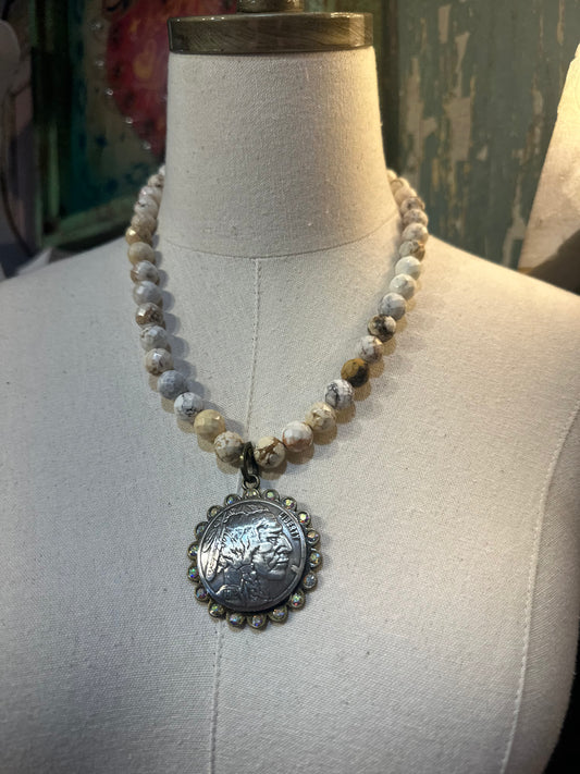 Sandra Ling White Bead Chief Coin Necklace