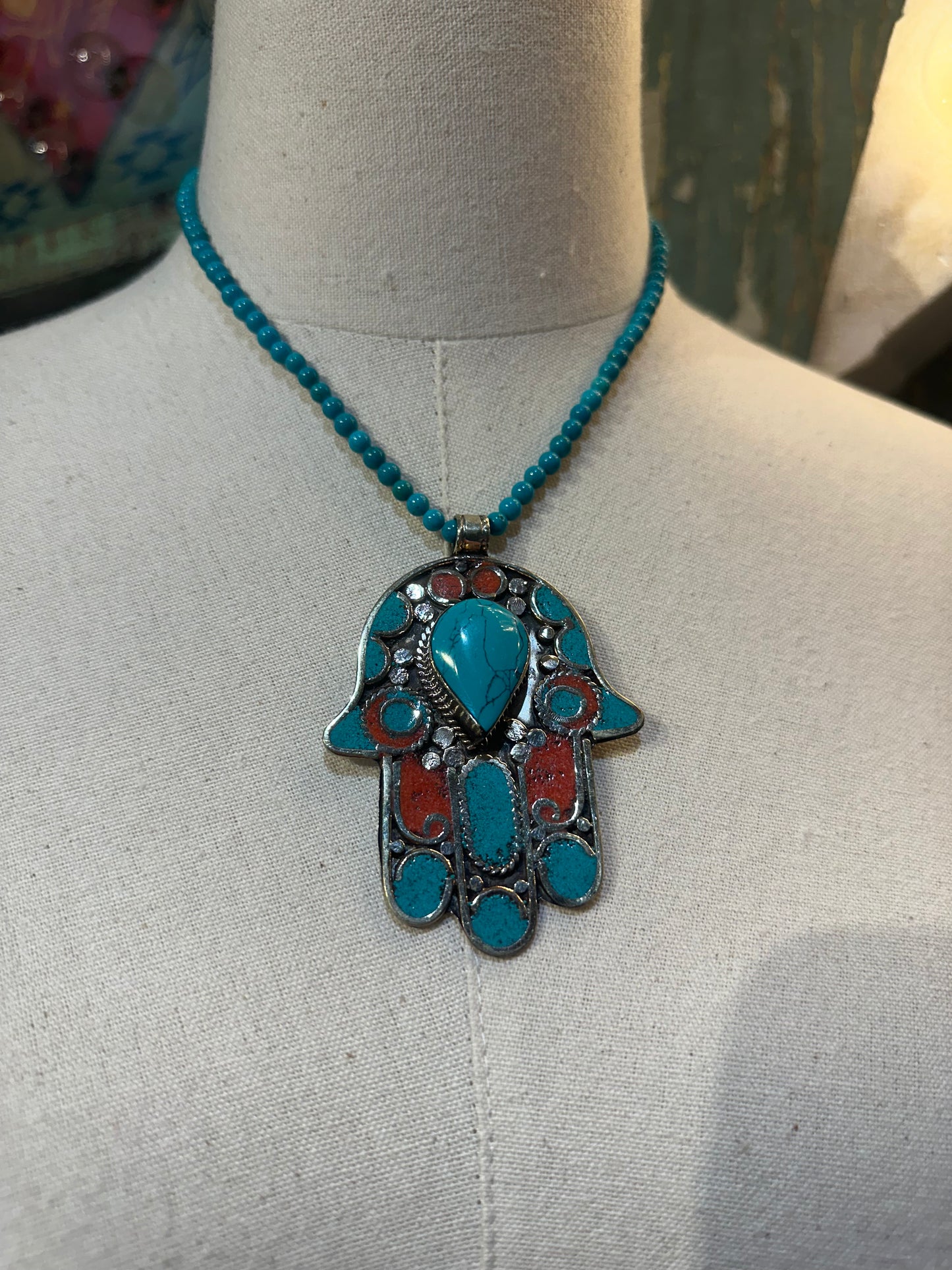 Turquoise & Coral Hamsa Pendant