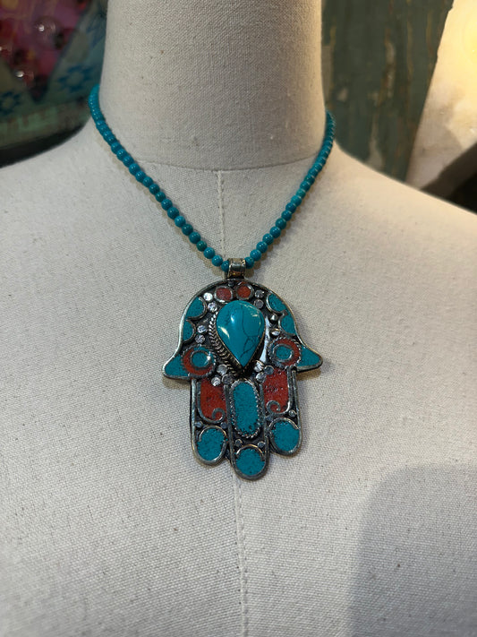 Turquoise & Coral Hamsa Pendant