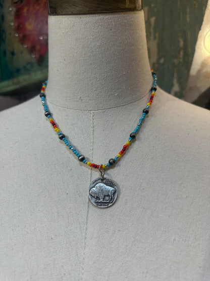 Colorful Bead Reversible Coin Necklace