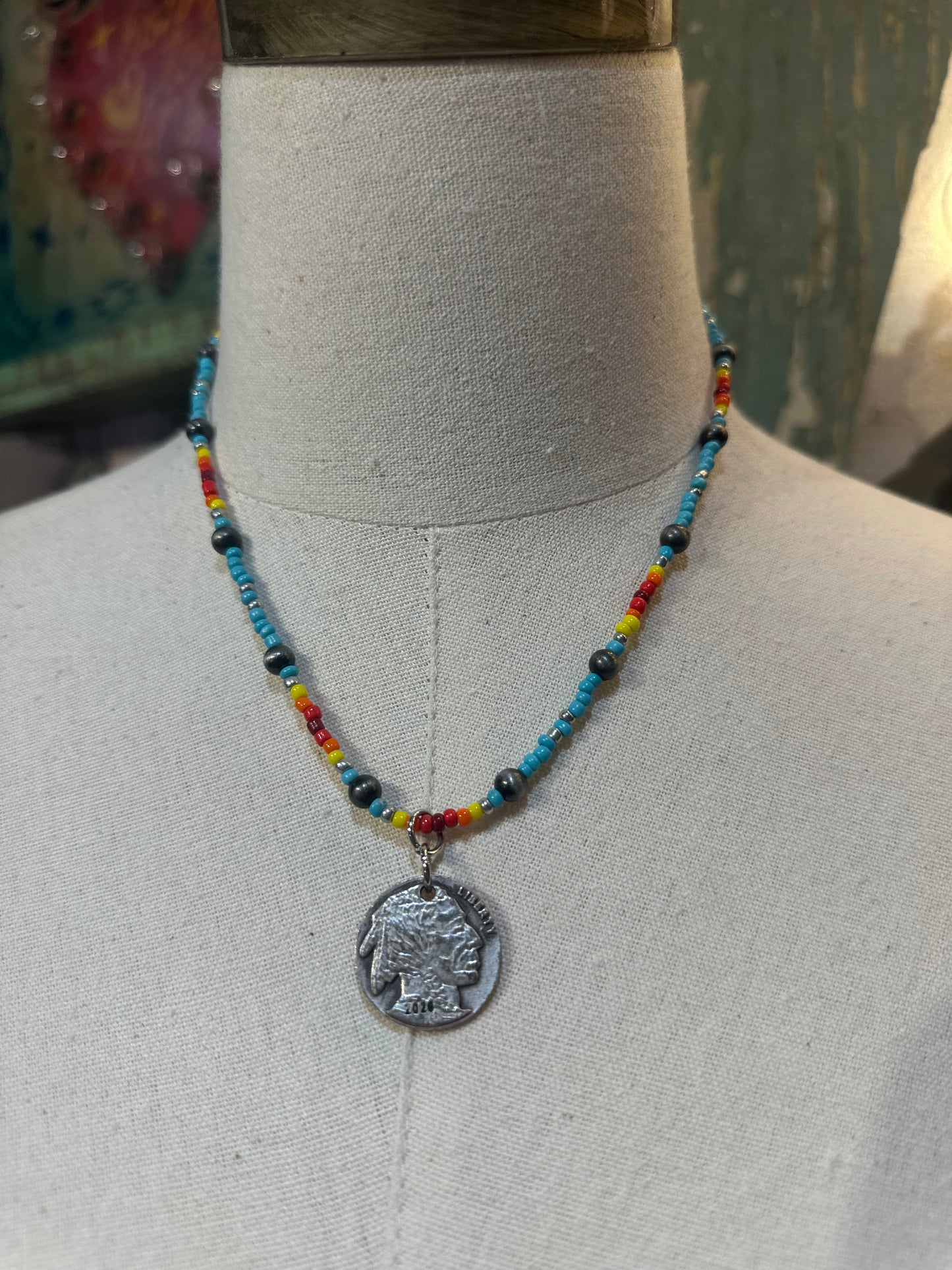 Colorful Bead Reversible Coin Necklace