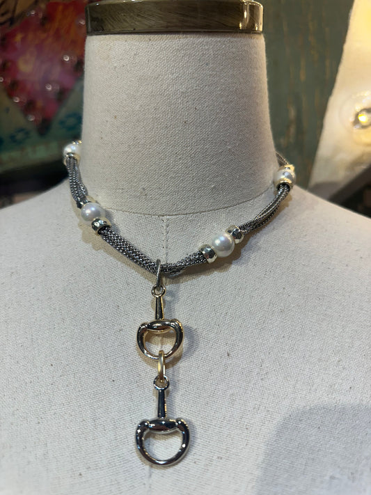 Silver & Pearl Double Horse Bit Necklace
