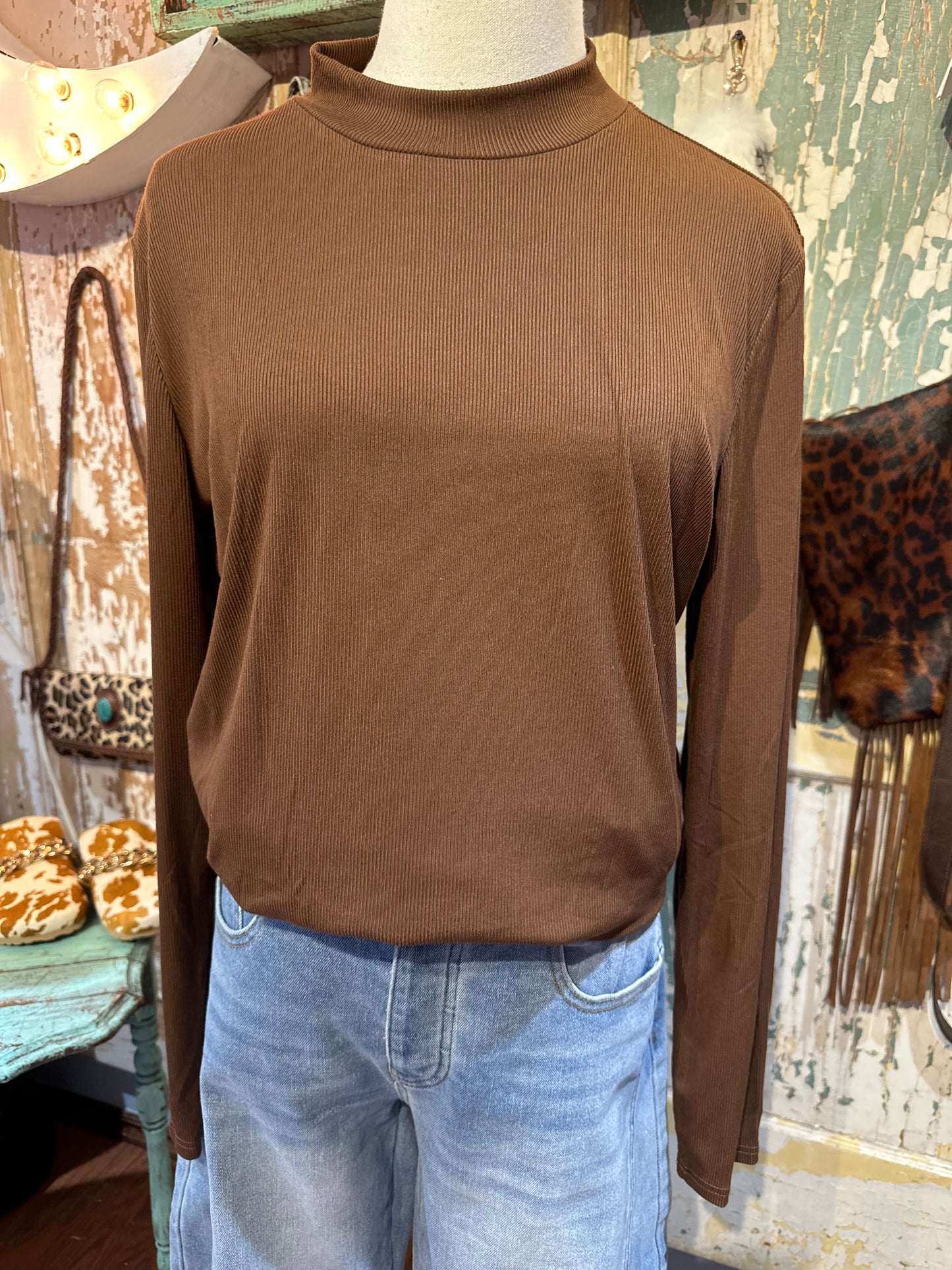 Brown Ribbed Turtleneck Top