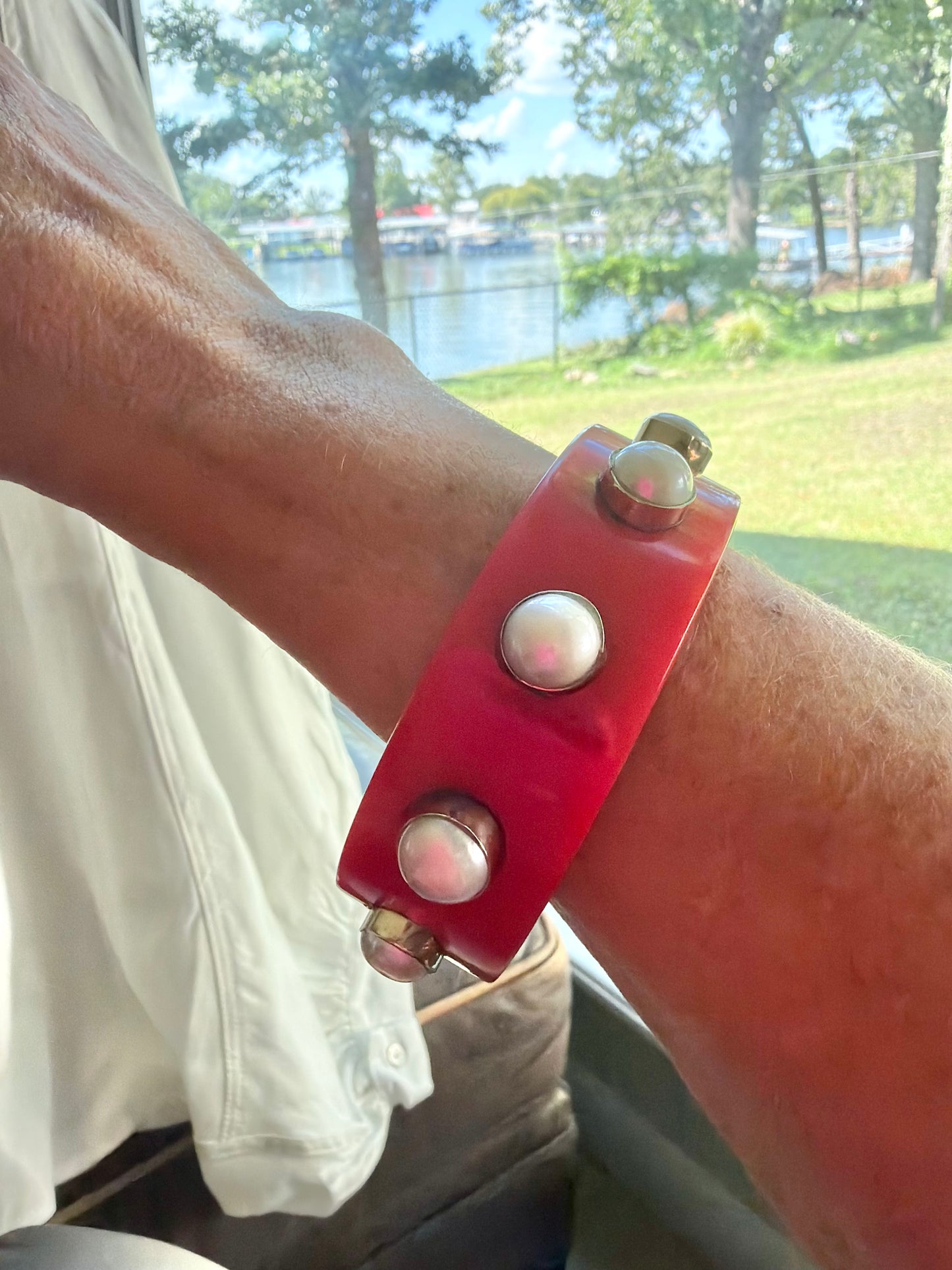 Small Cherry Red Freshwater Pearl & Resin Bangle