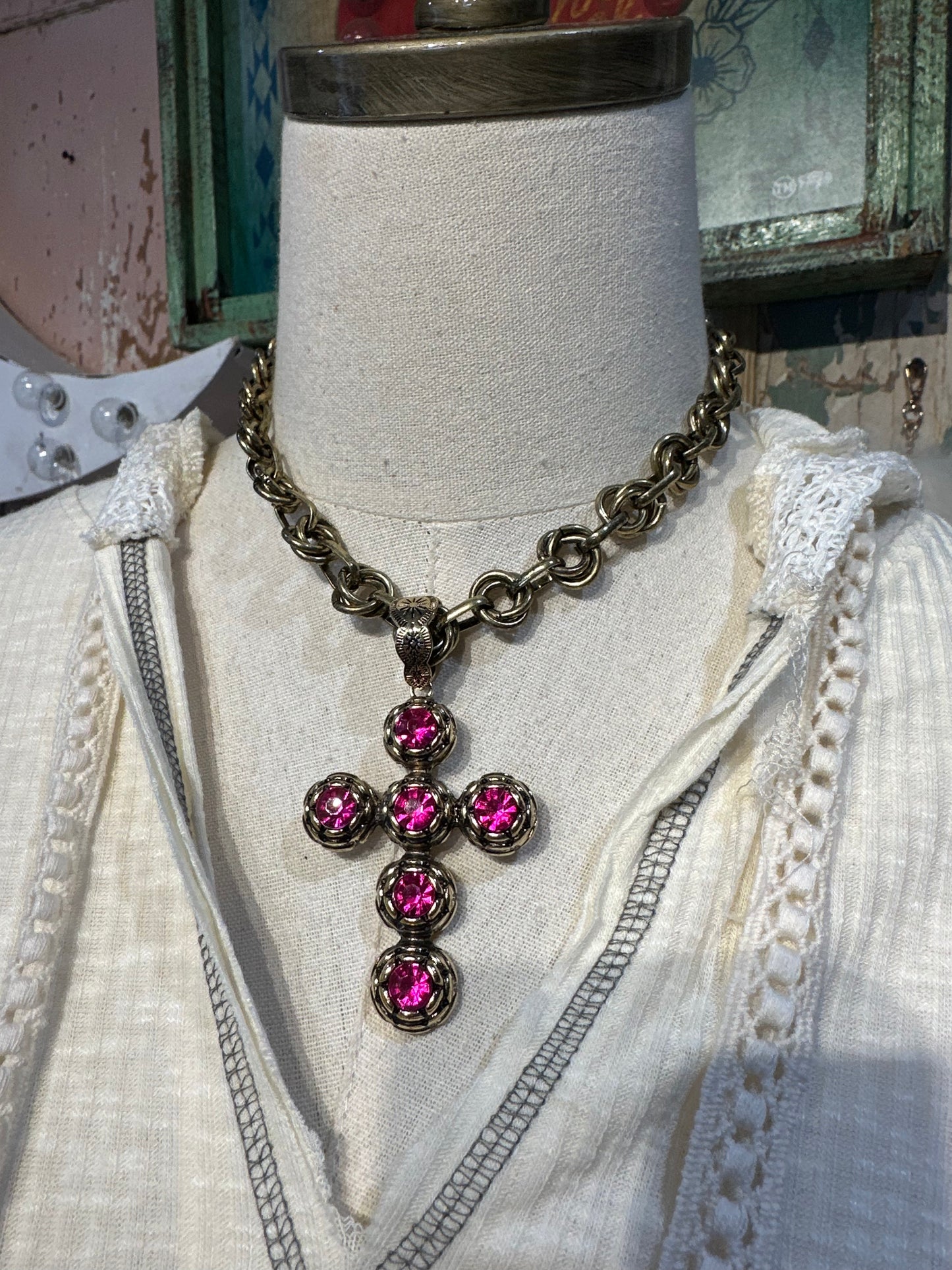 Inspired Gold & Pink Crystal Cross Necklace