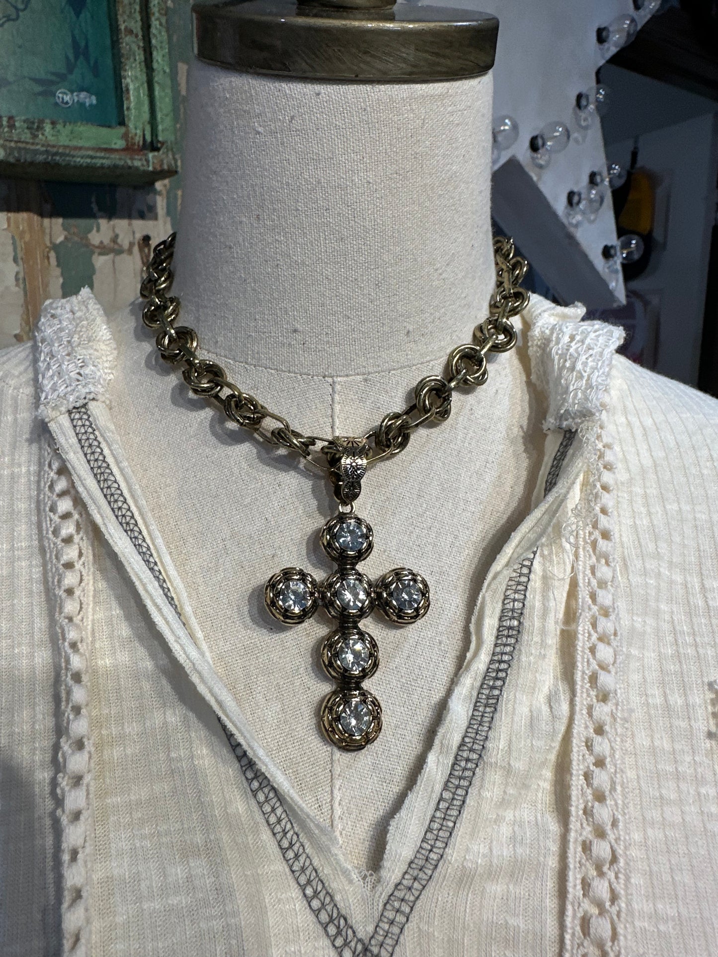 Inspired Gold & Clear Crystal Cross Necklace
