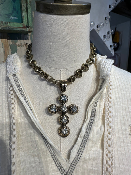 Inspired Gold & Clear Crystal Cross Necklace