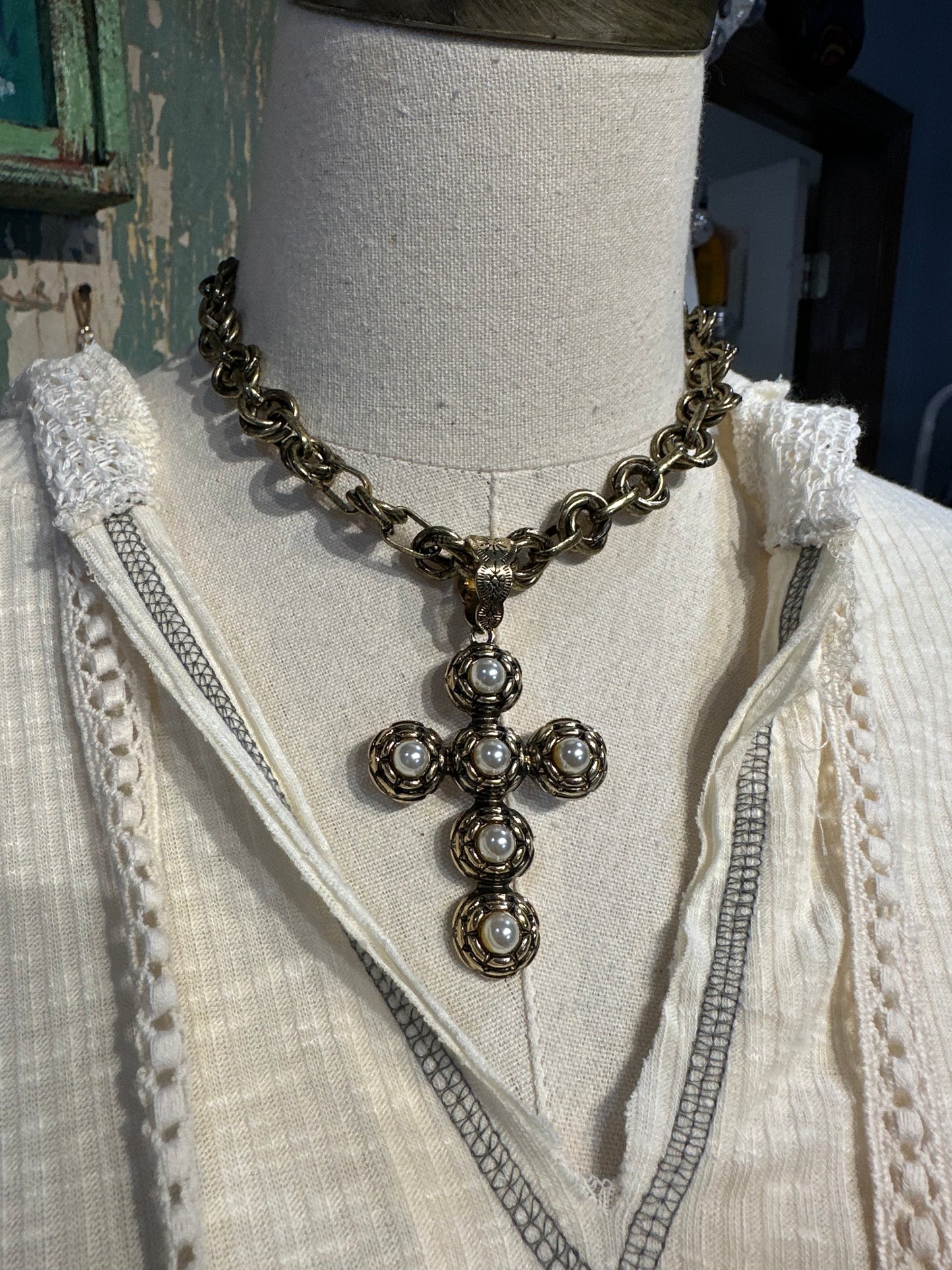 Inspired Gold & Pearl Cross Necklace
