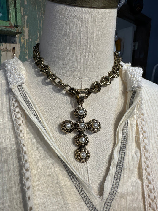 Inspired Gold & Pearl Cross Necklace