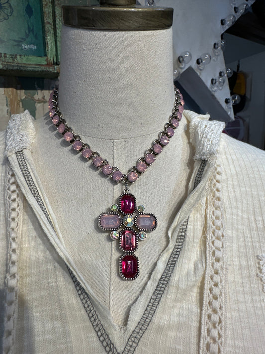 Pink Crystal Cross Necklace