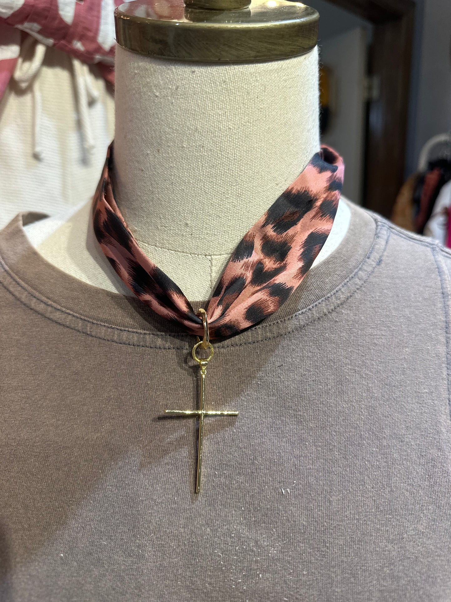 Pink Leopard Twilly & Cross Necklace