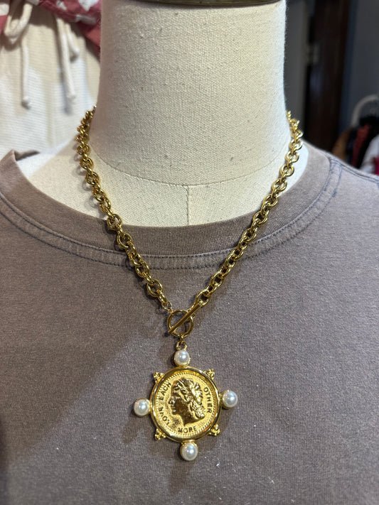 Inspired Gold & Pearl Coin Necklace