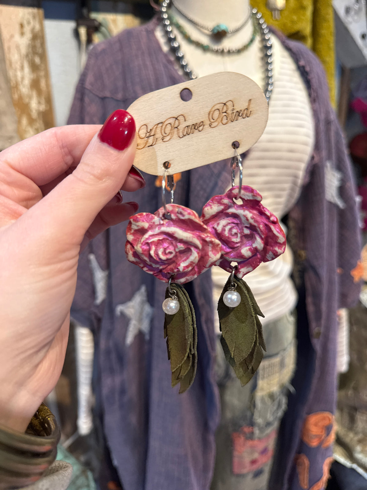 A Rare Bird Rose & Leaf Earrings