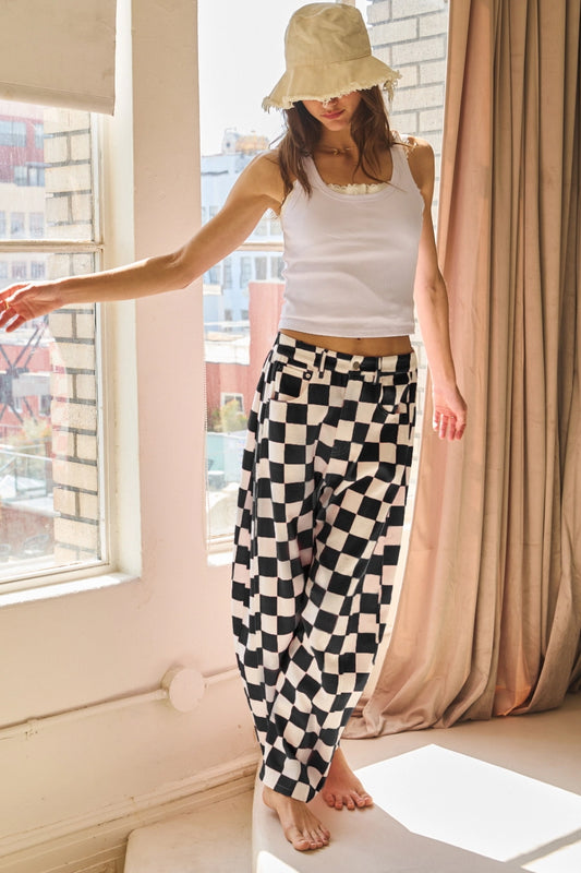Checkered Print Barrel Pants Black