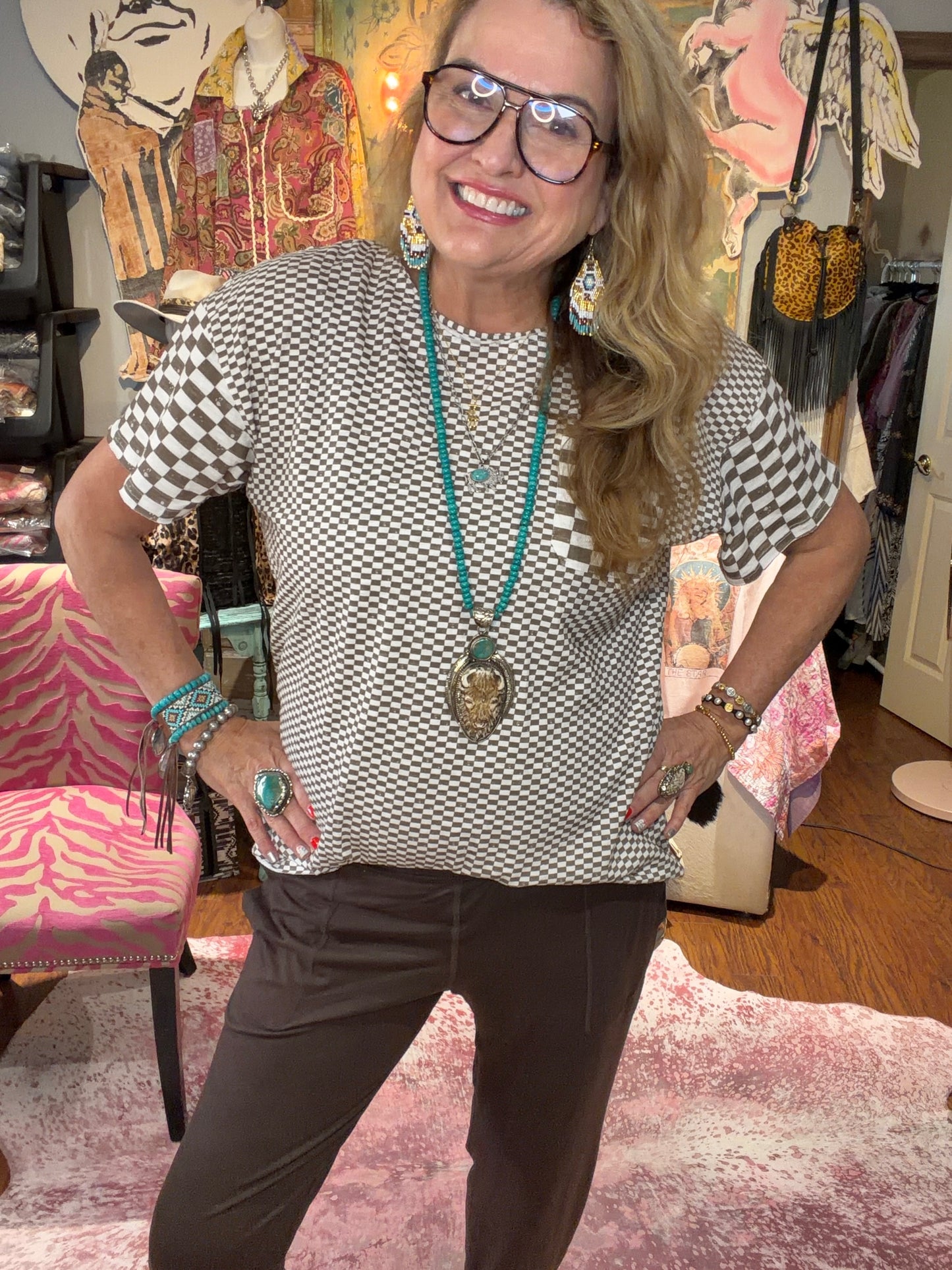 Blue Velvet Mocha Checkered Short Sleeve Shirt