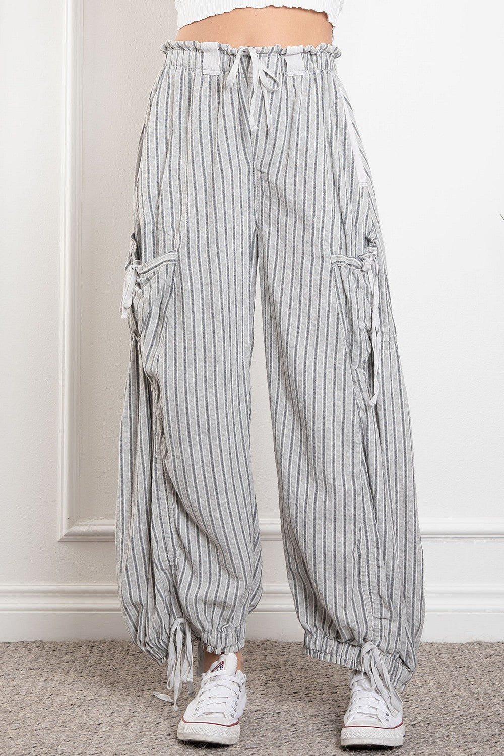 Blue Velvet Stripe Cargo Drawstring Pants Black