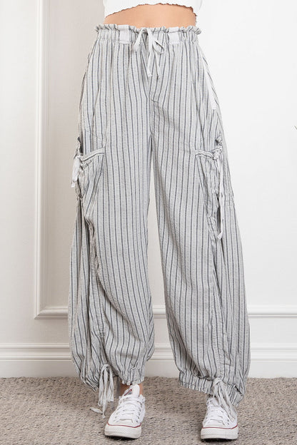 Blue Velvet Stripe Cargo Drawstring Pants Black