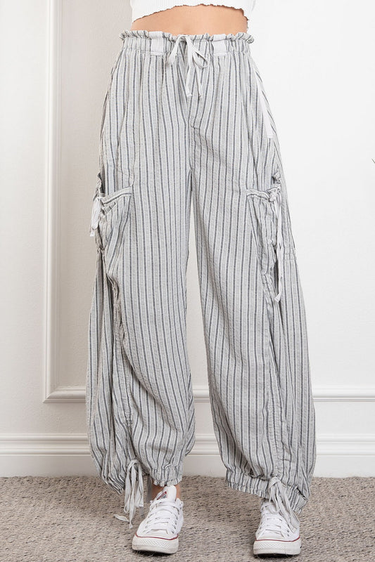Blue Velvet Stripe Cargo Drawstring Pants Black