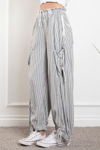 Blue Velvet Stripe Cargo Drawstring Pants Black