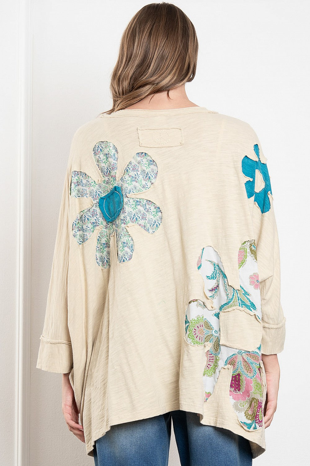 Blue Velvet Floral Patch V Neck Oversized Top Oatmeal