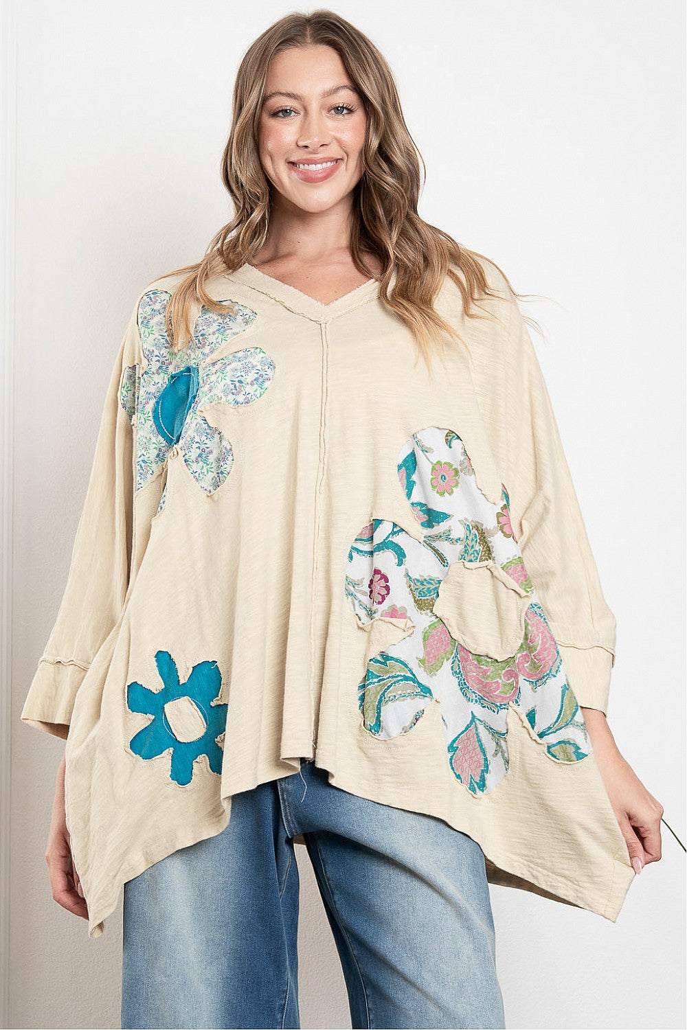 Blue Velvet Floral Patch V Neck Oversized Top Oatmeal