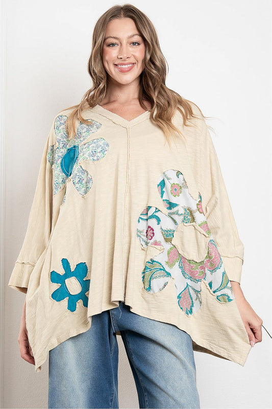 Blue Velvet Floral Patch V Neck Oversized Top Oatmeal