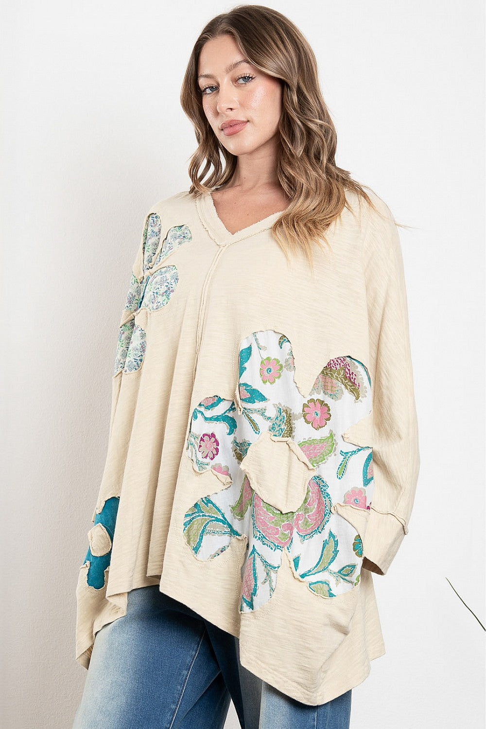 Blue Velvet Floral Patch V Neck Oversized Top Oatmeal