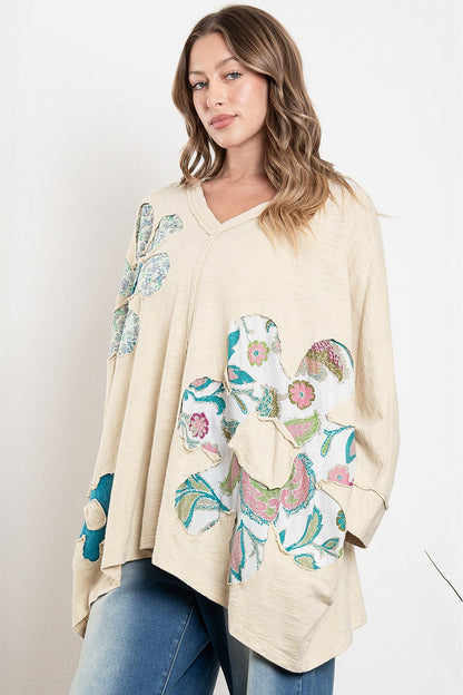 Blue Velvet Floral Patch V Neck Oversized Top Oatmeal