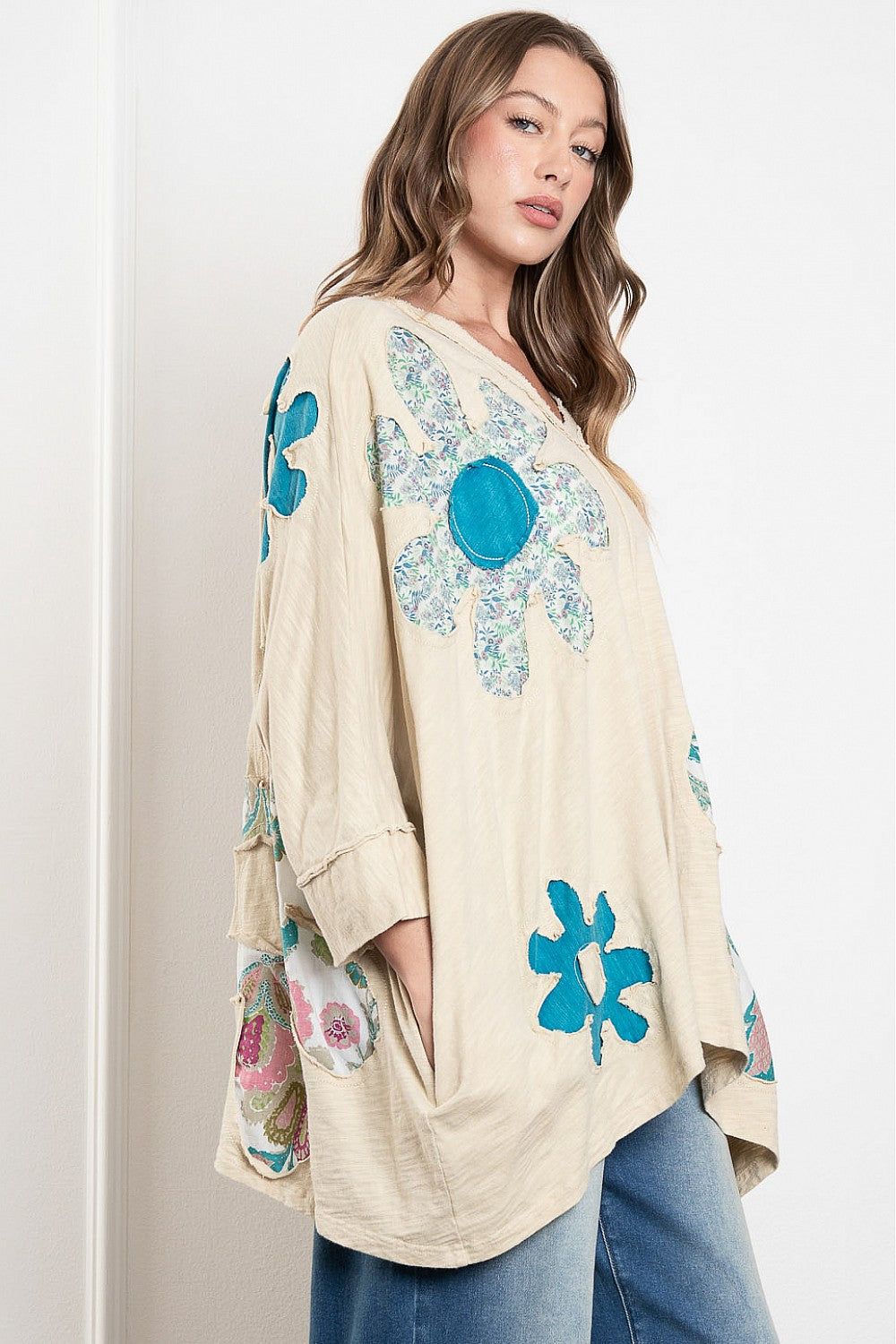 Blue Velvet Floral Patch V Neck Oversized Top Oatmeal