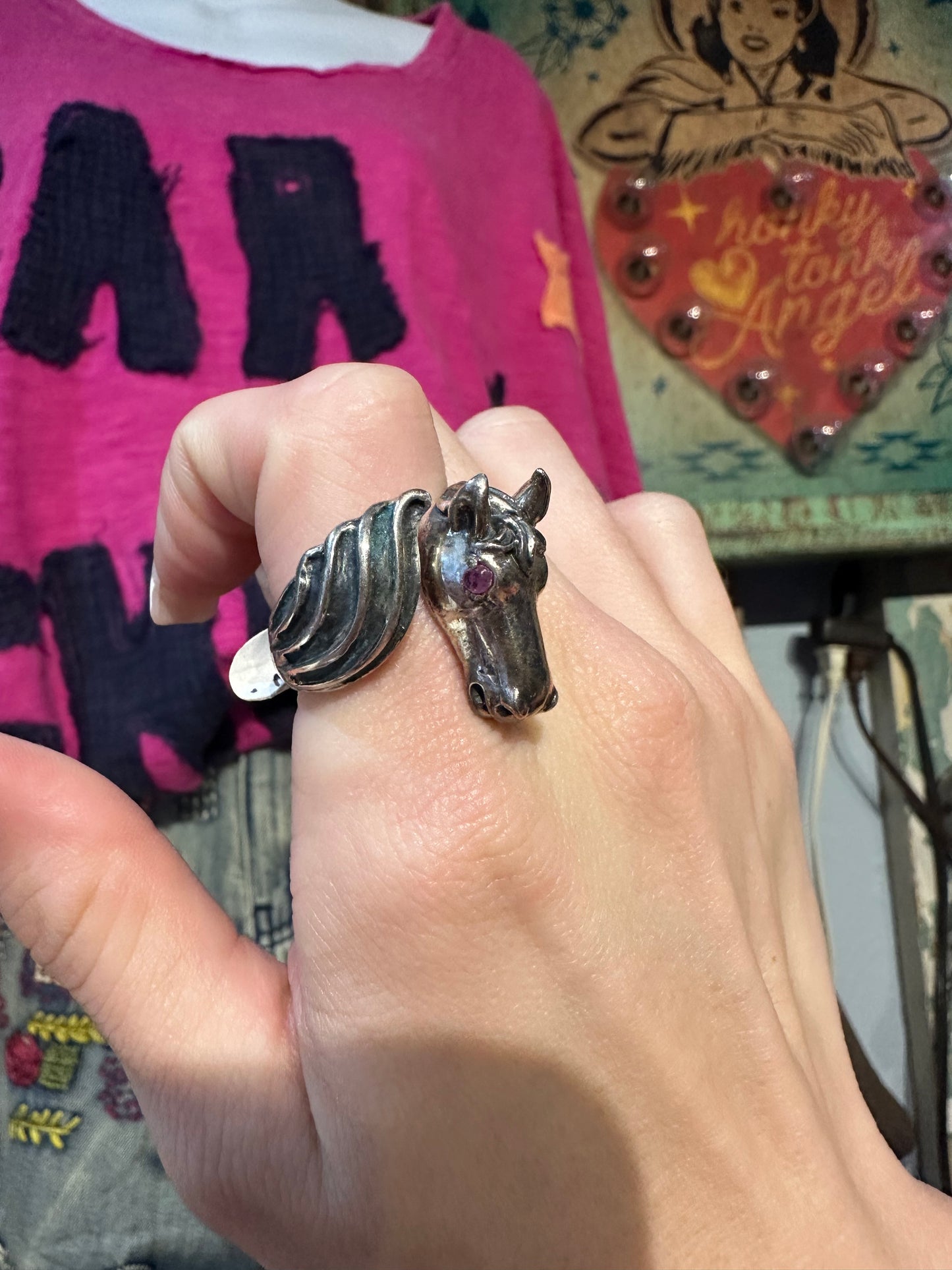 Sterling Silver & Ruby Horse Wrapped Ring Size 7